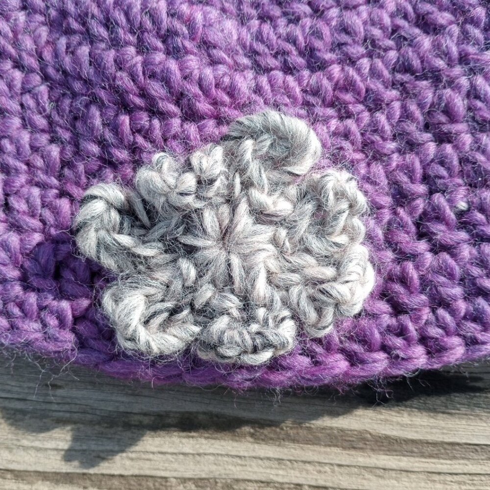 Womens Beanie Cloche Handmade Purple Crochet Hat Gray Brown Flower Pure New Wool - Picture 7 of 11